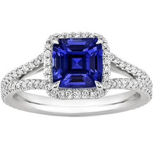 Gold Halo Diamond Engagement Ring 3.25 Carats Asscher Blue Sapphire