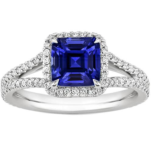 Gold Halo Diamond Engagement Ring 3.25 Carats Asscher Blue Sapphire