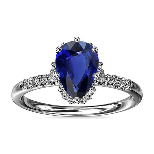 Gold Halo Diamond Jewelry Pear Blue Sapphire Gemstone Ring 3.50 Carats