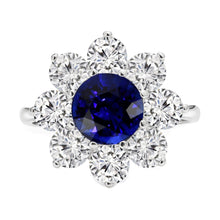 Gold Halo Diamond Ring Blue Round Sapphire Flower Style 4.50 Carats