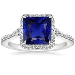 Gold Halo Natural Earth Mined Diamond Ring Princess Blue Sapphire With Accents 6.25 Carats