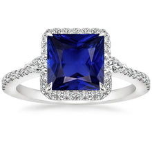 Gold Halo Diamond Ring Princess Blue Sapphire With Accents 6.25 Carats