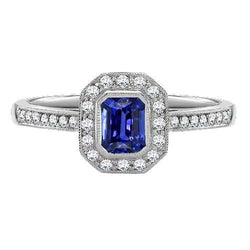Gold Halo Emerald Shaped Sri Lankan Sapphire Natural Earth Mined Diamond Ring 3.50 Carats