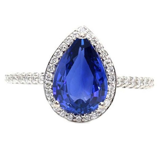Gold Halo Pave Set Diamond Engagement Ring Blue Sapphire 4 Carats