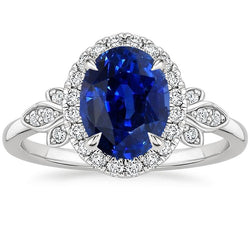 Gold Halo Ring Floral Style Sri Lankan Sapphire & Natural Earth Mined Diamonds 3.50 Carats