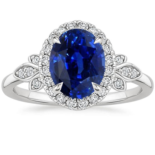 Gold Halo Ring Floral Style Sri Lankan Sapphire & Diamonds 3.50 Carats