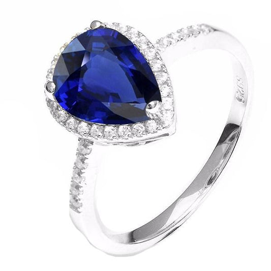 Gold Halo Ring Pear Ceylon Sapphire & Pave Set Diamonds 3.75 Carats