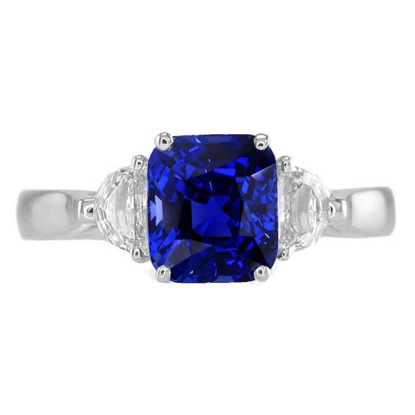 Gold Halo Wedding Ring Cushion Sapphire & Half Moon Diamond 3 Carats