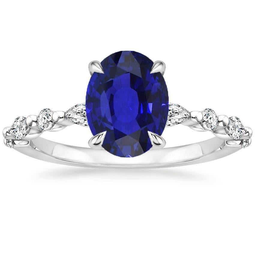 Gold Oval Blue Sapphire Diamond Ring Marquise & Round Cut 6 Carats New
