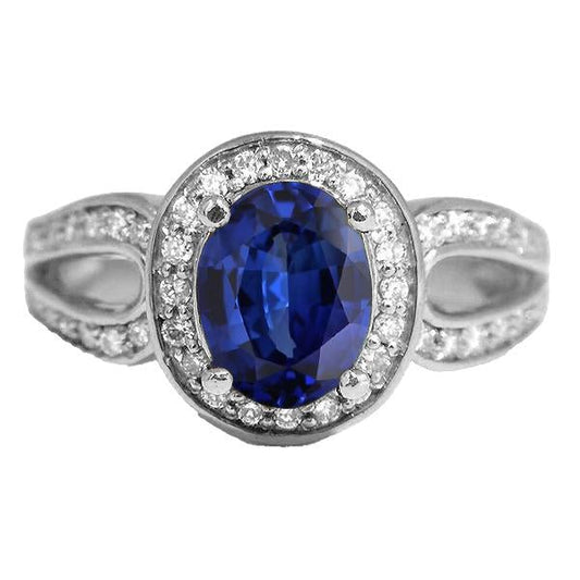 Gold Oval Halo Ring SriLanka Sapphire Split Shank & Diamonds 4 Carats