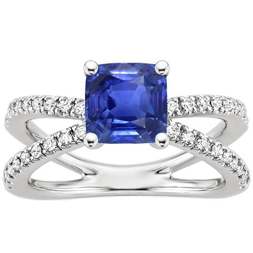 Gold Solitaire Blue Sapphire & Accents Ring Split Shank 2.75 Carats