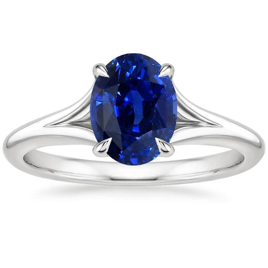 Gold Solitaire Blue Sapphire Ring Prong Set Oval Split Shank 3 Carats