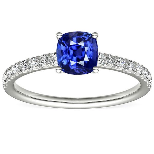 Gold Solitaire Cushion Cut Sapphire Ring & Pave Set Diamonds 3 Carats
