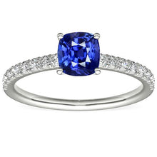 Gold Solitaire Cushion Cut Sapphire Ring & Pave Set Diamonds 3 Carats