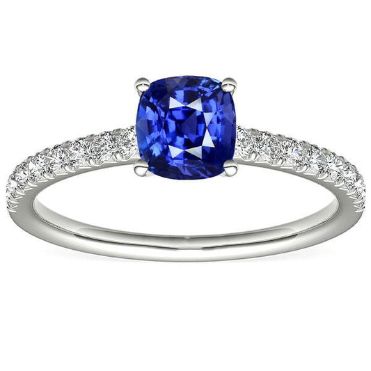 Gold Solitaire Cushion Cut Sapphire Ring & Pave Set Diamonds 3 Carats