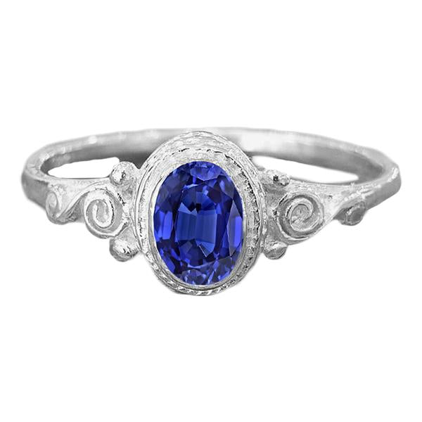 Gold Solitaire Oval Blue Sapphire Ring Antique Style 2 Carats