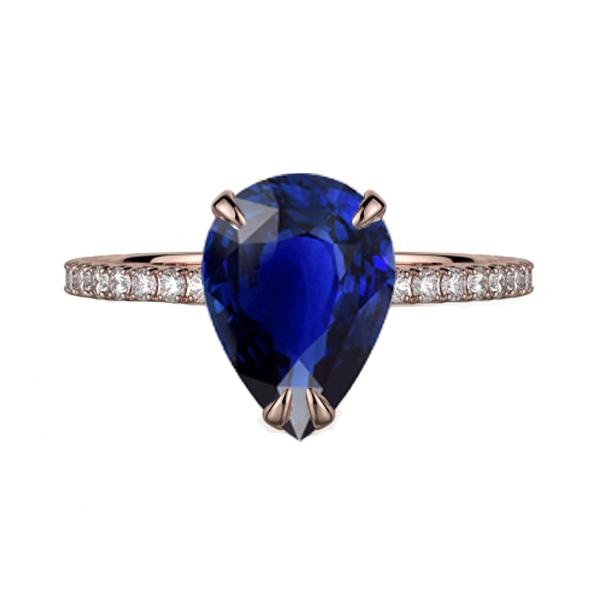 Gold Solitaire Pear Ceylon Sapphire Ring & Pave Set Diamonds 3 Carats