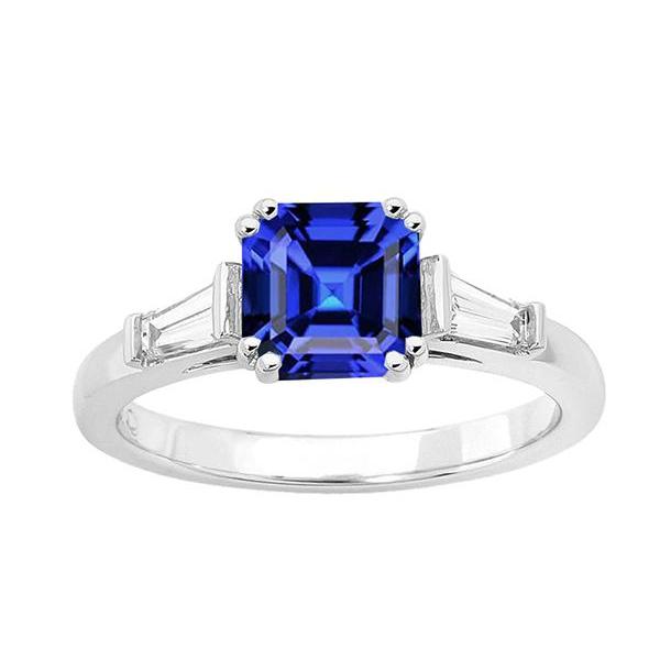 Gold Three Stone Asscher Sapphire Ring 2.50 Carats Baguette Diamonds