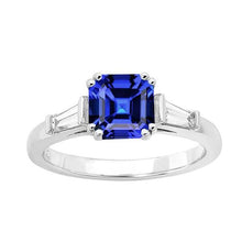 Gold Three Stone Asscher Sapphire Ring 2.50 Carats Baguette Diamonds