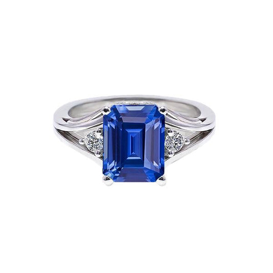 Gold Three Stone Emerald Blue Sapphire Ring 2.50 Carats Split Shank