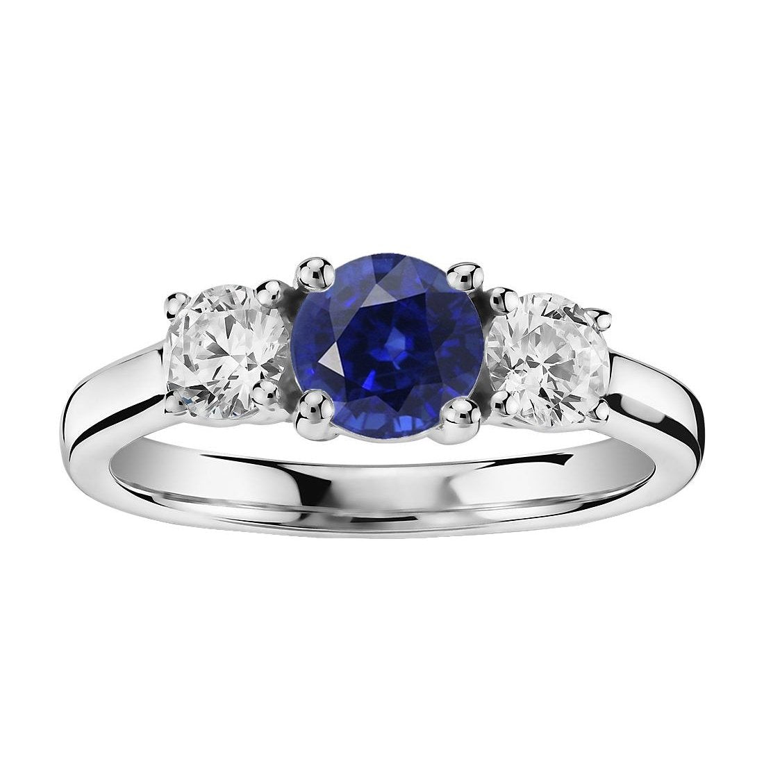 Gold Three Stone Round Diamond Ring Ceylon Sapphire 2.50 Carats