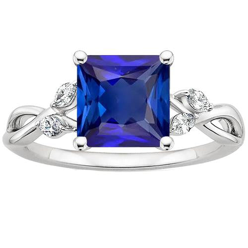 Gold Women Anniversary Ring Princess Blue Sapphire & Diamonds 4 Carats