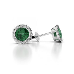 Green Emerald And Natural Earth Mined Diamond 4 Carats Stud Earrings 14K White Gold