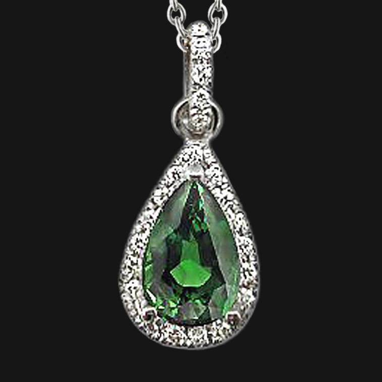 Green Emerald Diamond Gemstone Pendant Pear Necklace 2.51 Ct. WG 14K