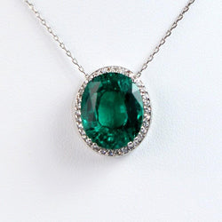 Green Emerald & Natural Earth Mined Diamond Pendant Necklace 6.25 Carat White Gold 14K