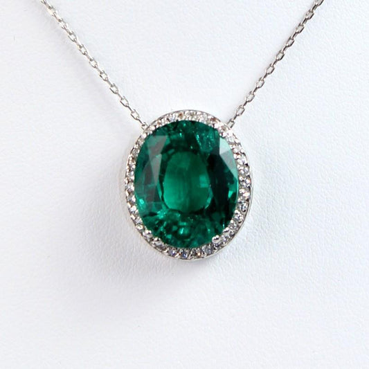 Green Emerald & Diamond Pendant Necklace 6.25 Carat White Gold 14K