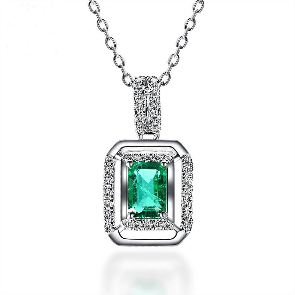 Green Emerald & Diamond Pendant With Chain 6.75 Carats White Gold 14K