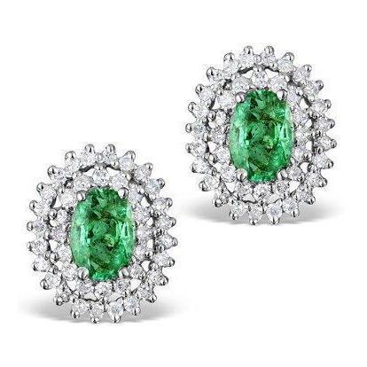 Green Emerald With Diamonds Studs Earrings White Gold 14K 3.80 Ct