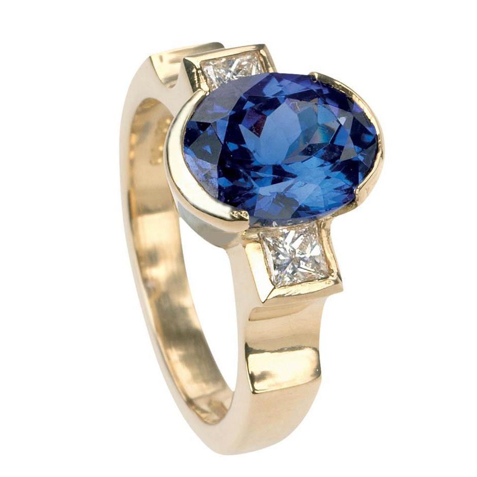 Half Bezel 2.10 Carat Tanzanite And Diamonds 3-Stone Ring Gemstone