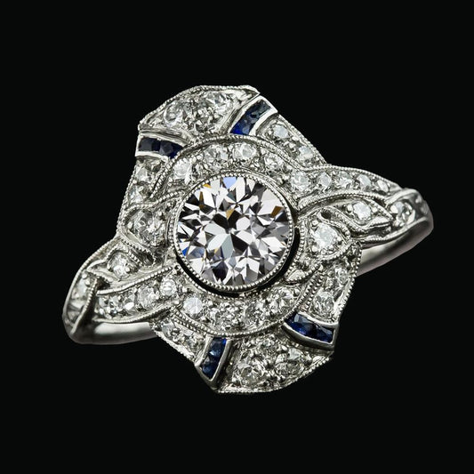 Halo Anniversary Ring Old Cut Round Diamond Blue Sapphire 3.75 Carats