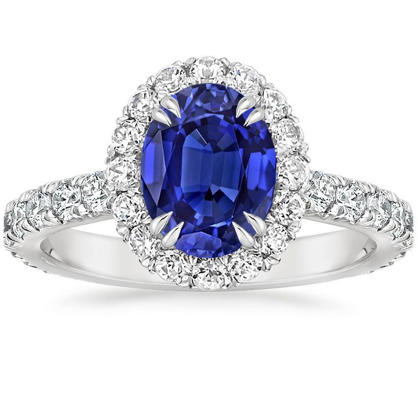 Halo Anniversary Ring Oval Blue Sapphire & Diamonds 5.50 Carats