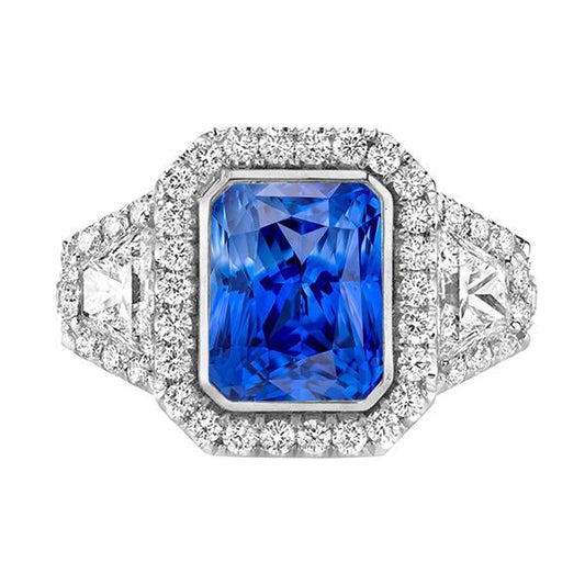 Halo Bezel Set Blue Sapphire Ring 4.50 Carats Trapezoid & Round Diamond