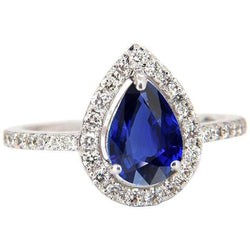 Halo Blue Sapphire Natural Earth Mined Diamond Engagement Ring Pear Cut 3.50 Carats