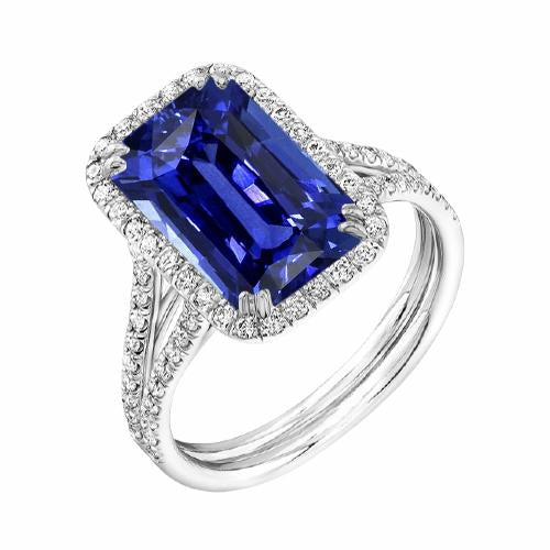 Halo Blue Sapphire Engagement Ring Set 4.50 Carats With Diamond Band