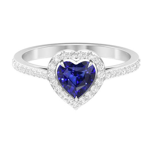 Halo Blue Sapphire Heart Ring & Pave Set Diamonds 2.50 Carats