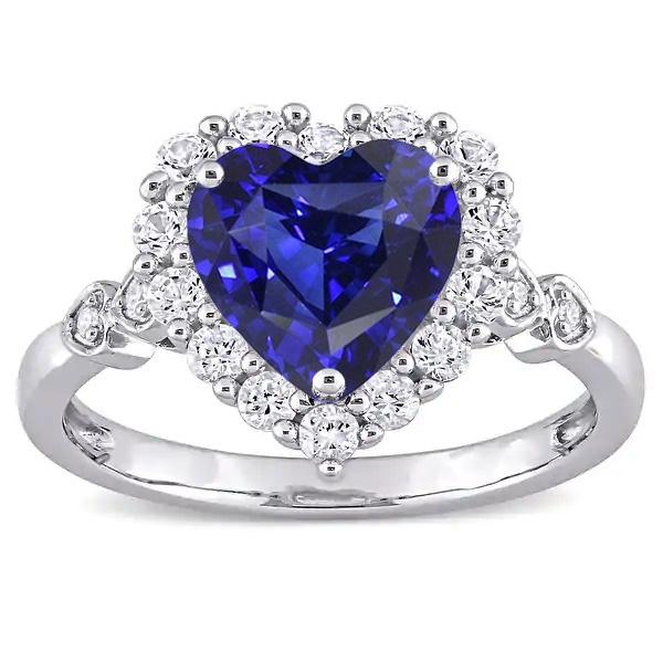 Halo Blue Sapphire Heart & Round Diamond Ring 4.50 Carats 14K Gold