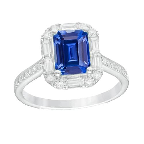 Halo Blue Sapphire Ring Baguette & Round Diamond Jewelry 3 Carats