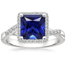 Halo Ceylon Sapphire & Diamond Ring 6 Carat Princess Cut With Accents