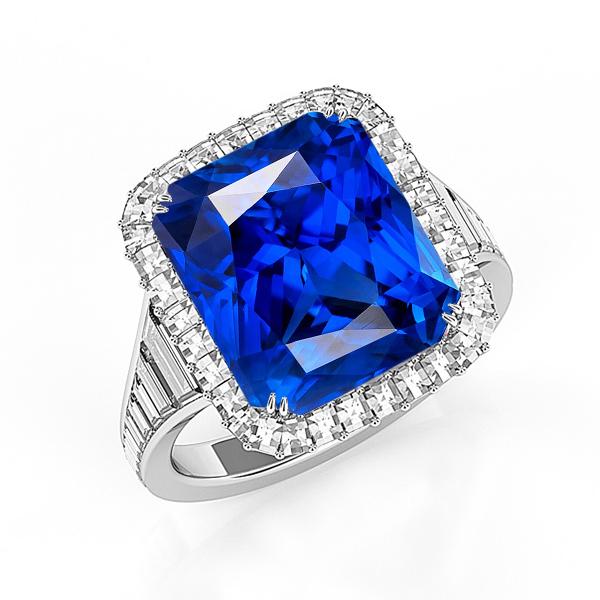 Halo Ceylon Sapphire Radiant Shaped Ring 5 Carats Baguette Diamonds