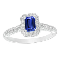 Halo Ceylon Sapphire Ring Emerald Cut & Natural Earth Mined Diamonds 3.50 Carats
