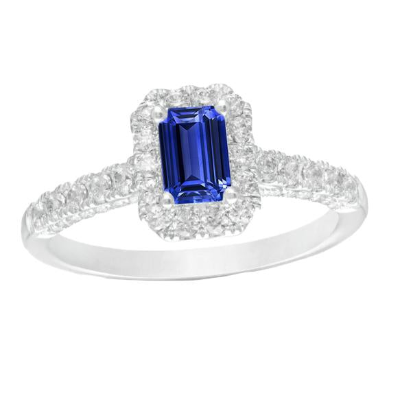 Halo Ceylon Sapphire Ring Emerald Cut & Diamonds 3.50 Carats