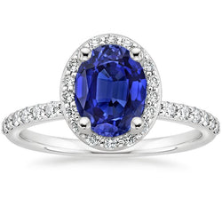 Halo Ceylon Sapphire Ring Oval Cut & Round Natural Earth Mined Diamonds 3.25 Carats