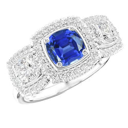 Halo Cushion Blue Sapphire Ring 3 Carats Women's Natural Earth Mined Diamond Jewellery
