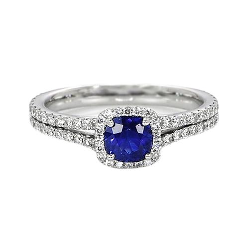 Halo Cushion Ceylon Sapphire & Diamond Engagement Ring Set 3.20 Carats