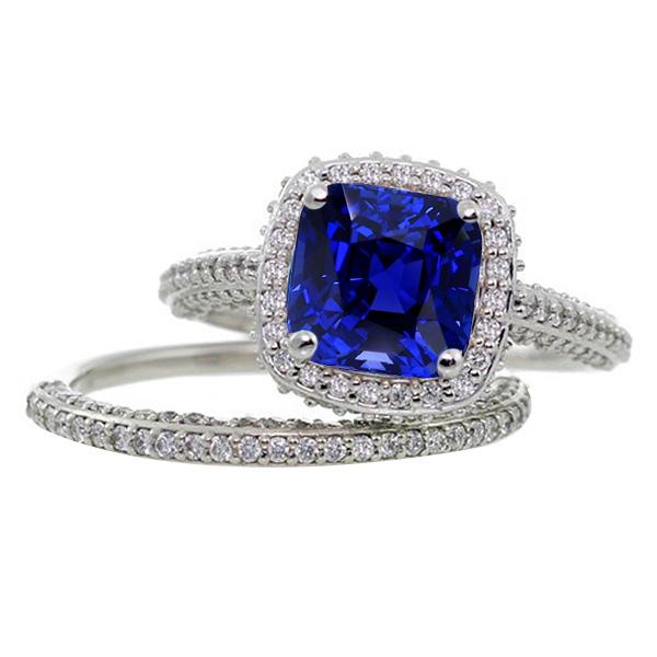 Halo Cushion Sapphire Diamond Engagement Ring Set 4.50 Carats