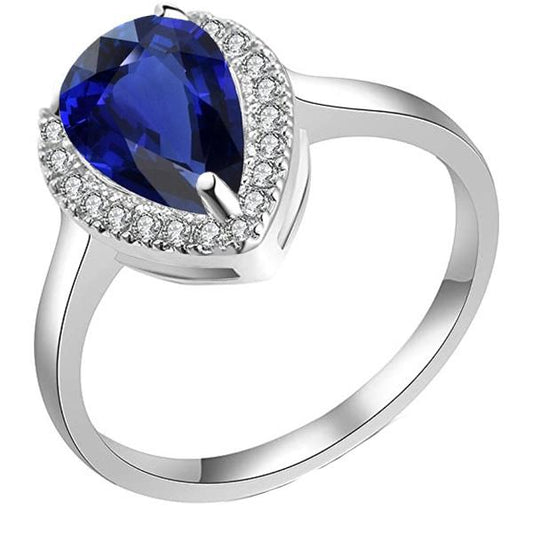 Halo Deep Blue Sapphire Ring White Gold & Diamonds 3.50 Carats